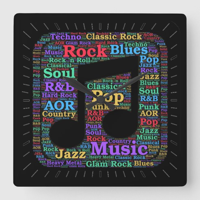 Colorful Music Genres Square Wall Clock (Front)