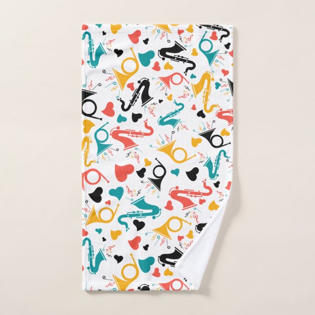 Colorful Music Instruments Note & Hearts Pattern Bath Towel Set (Hand Towel)