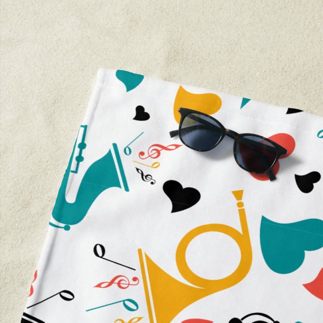 Colorful Music Instruments Note & Hearts Pattern Beach Towel (In Situ)