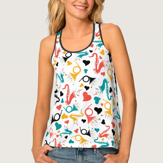 Colorful Music Instruments Note & Hearts Pattern Tank Top (Front)