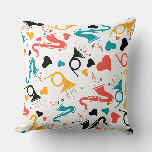 Colorful Music Instruments Note  Hearts Pattern Throw Pillow