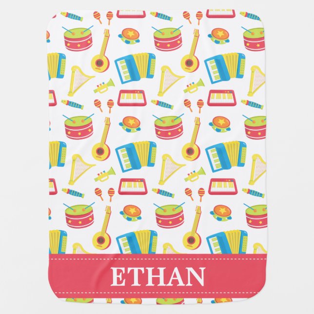 Colorful Music Instruments Personalized Receiving Blanket (Front)
