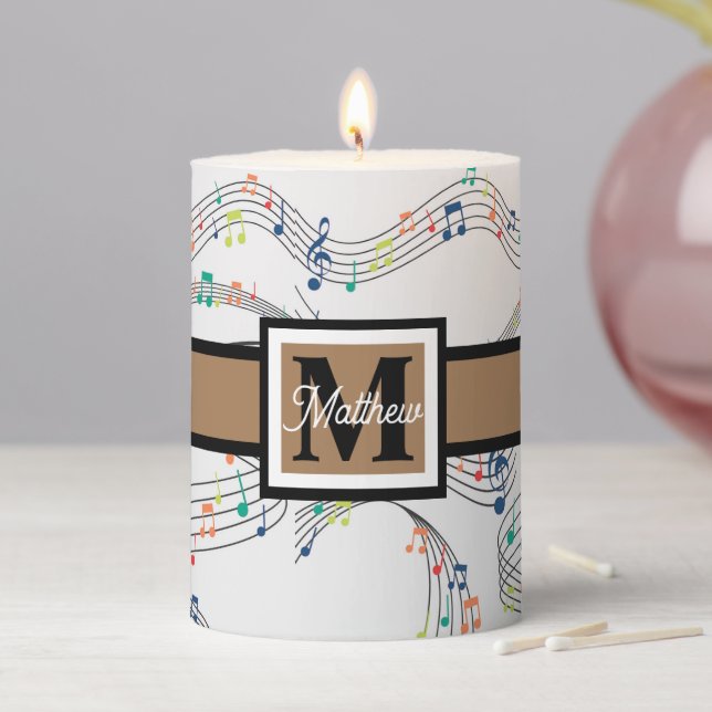 Colorful Music note Musician Monogram    Pillar Candle (In Situ)
