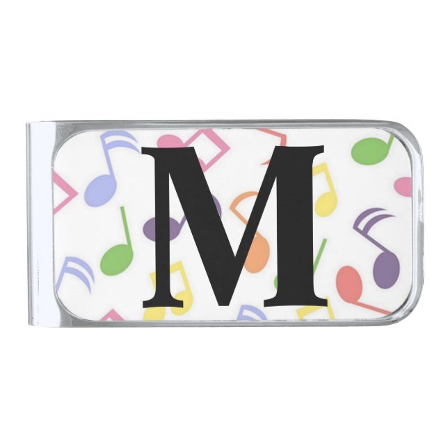 Colorful Music note Musician Monogram   Silver Finish Money Clip (Front)