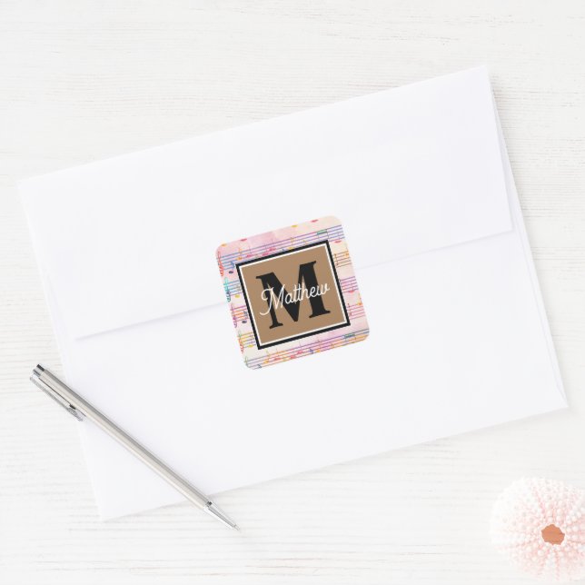 Colorful Music note Musician Monogram   Square Sticker (Envelope)