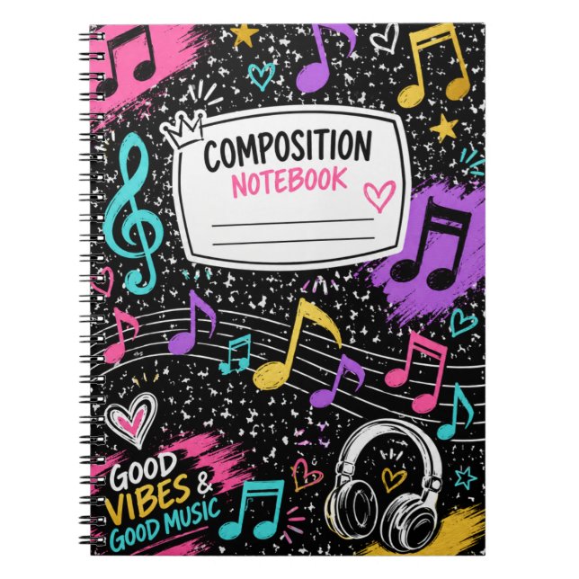Colorful Music Notes & Good Vibes Composition Note Notebook (Front)