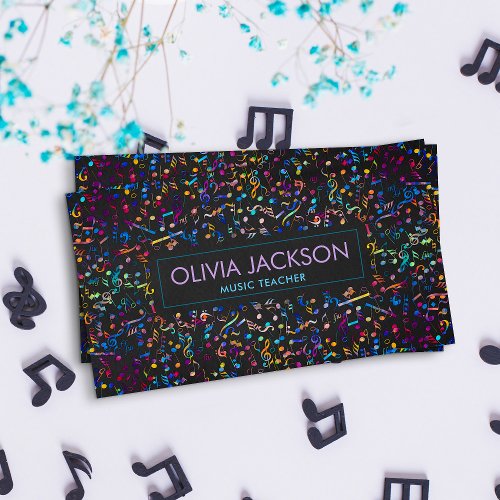 Colorful Music Notes pattern on black Business Card