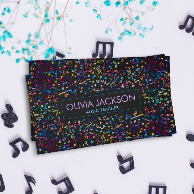 Colorful Music Notes pattern on black Business Card (Creator Uploaded)