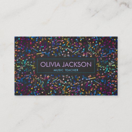 Colorful Music Notes pattern on black Business Card