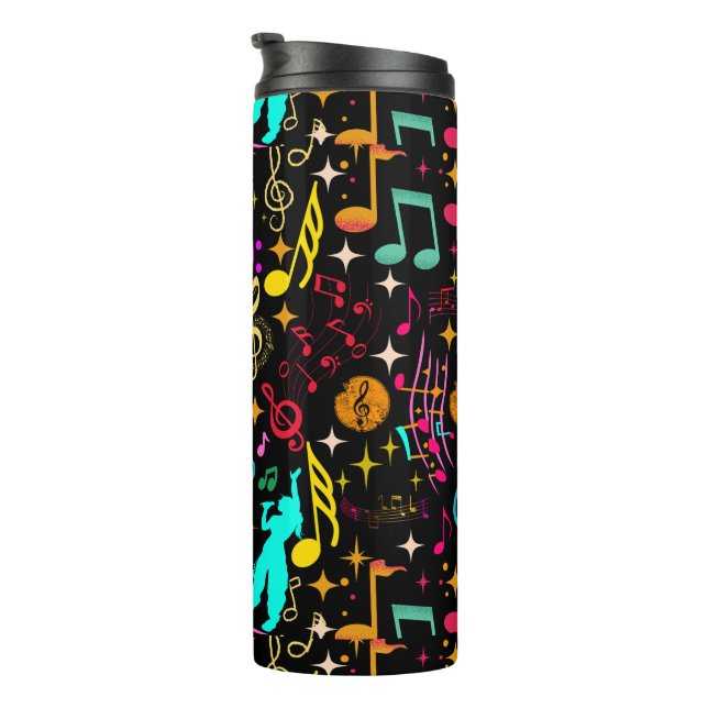 Colorful music notes pattern on black thermal tumbler (Rotated Right)