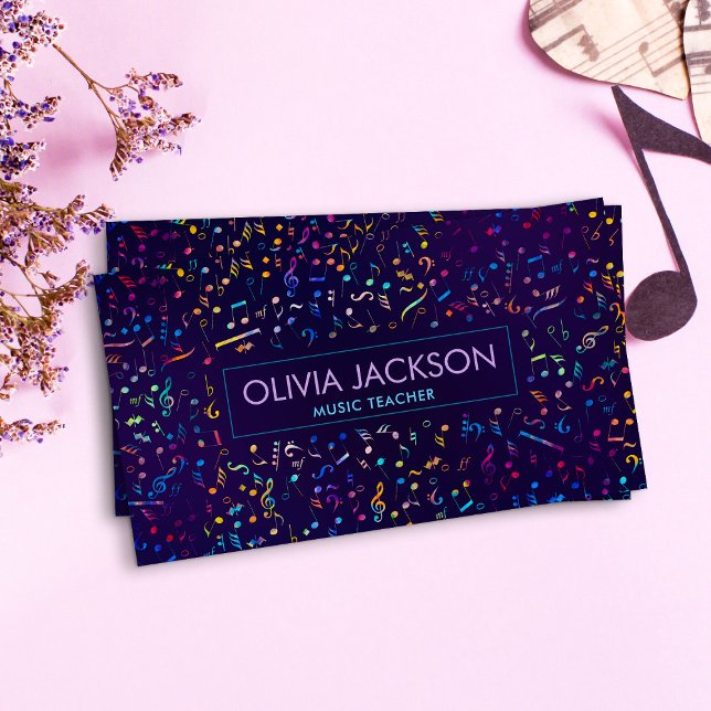Colorful Music Notes pattern on violet Business Card (Creator Uploaded)