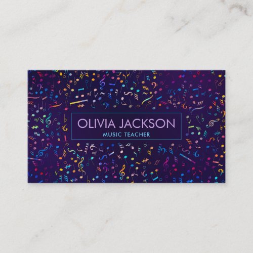 Colorful Music Notes pattern on violet Business Card