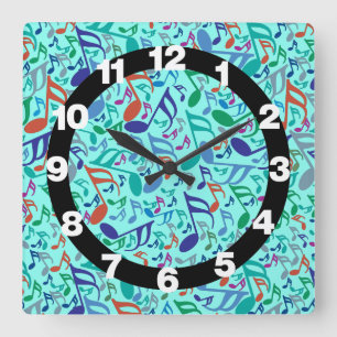 Colorful Music Notes Square Wall Clock