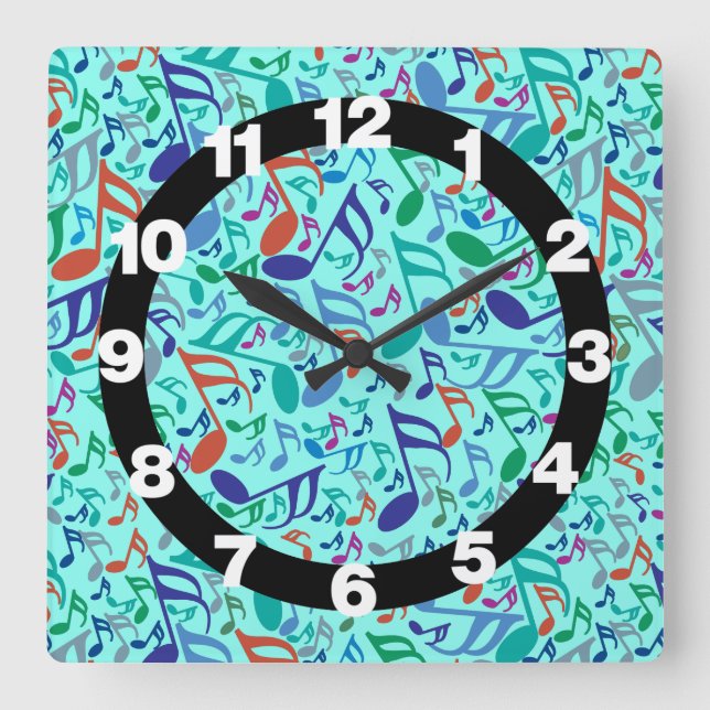 Colorful Music Notes Square Wall Clock (Front)