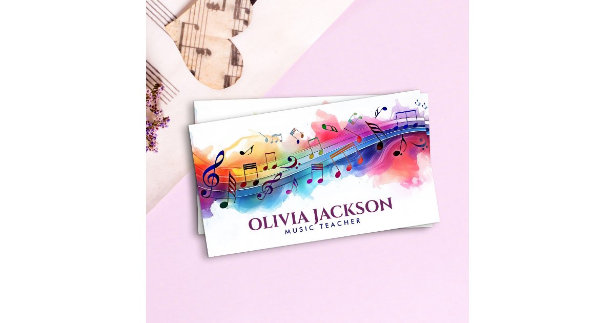 Colorful Music Notes Watercolor Business Card | Zazzle