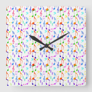 Colorful Music Symbols On White Square Wall Clock