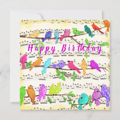 Colorful Musical Birds Birthday Card Spring