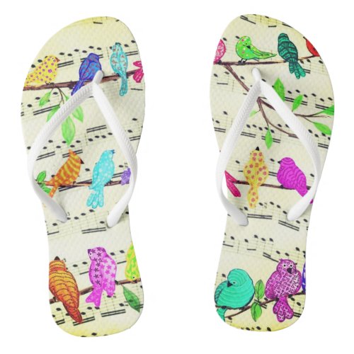 Colorful Musical Birds Flip Flops Spring Joy