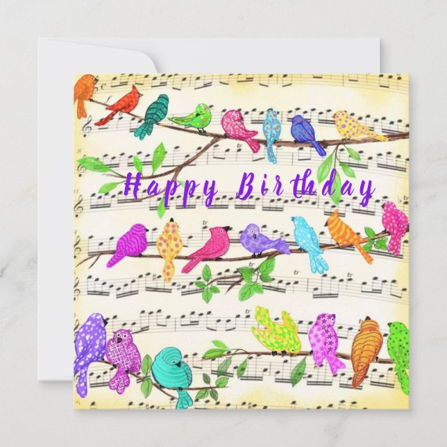 Colorful Musical Birds Happy Birthday Card (Front)