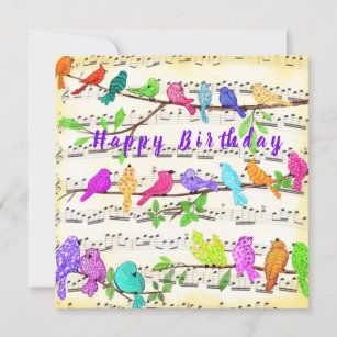 Colorful Musical Birds Happy Birthday Card
