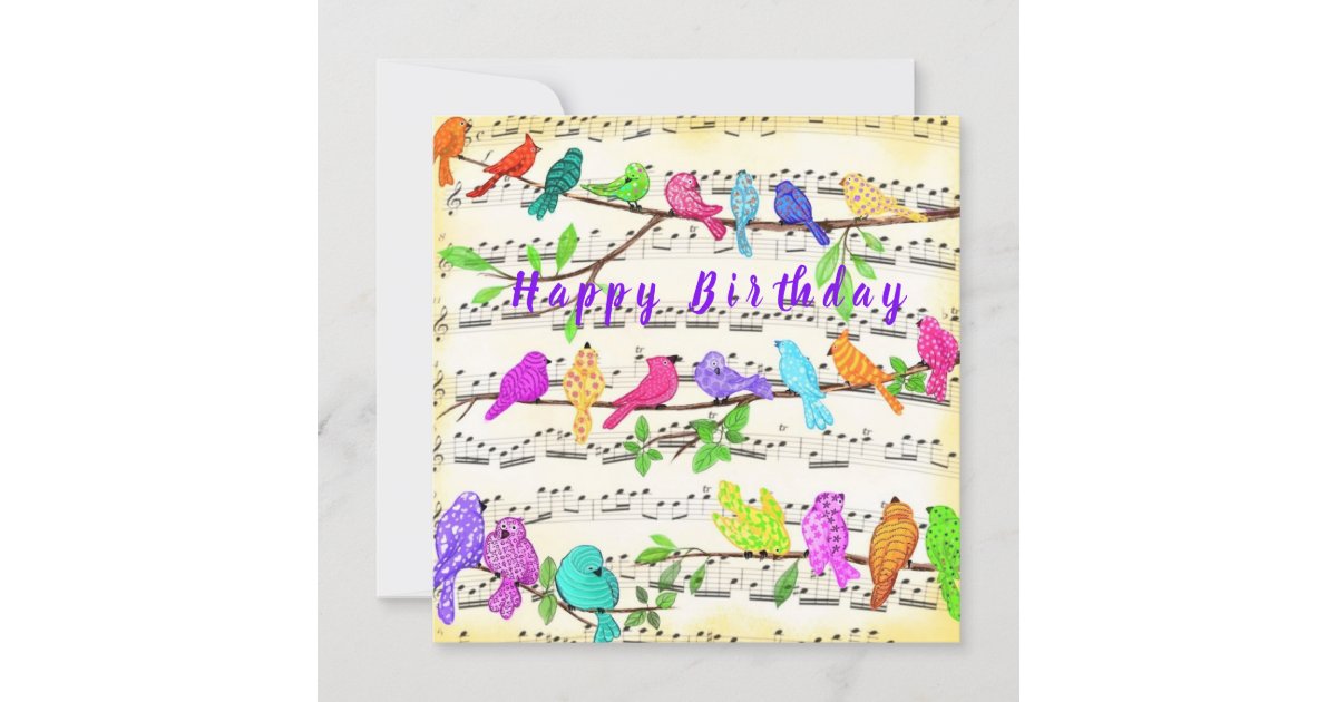 Colorful Musical Birds Happy Birthday Card | Zazzle