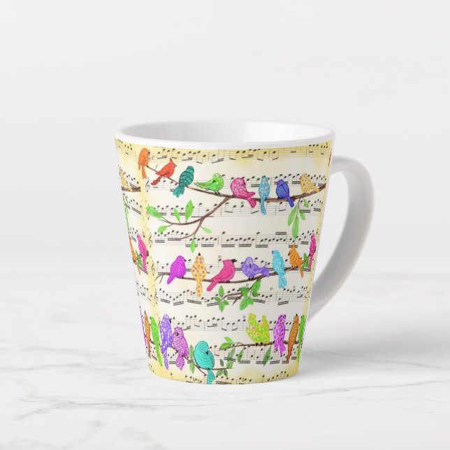 Colorful Musical Birds Latte Mug (Right Angle)