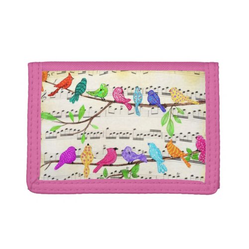 Colorful Musical Birds Pink Trifold Wallet Spring