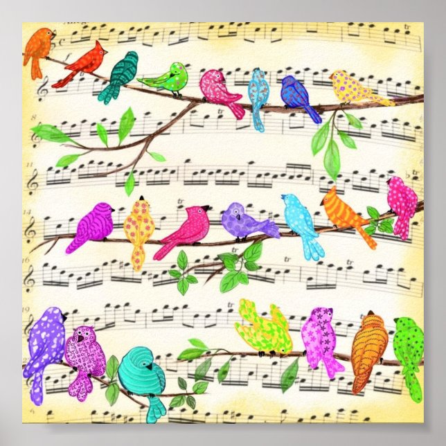 Colorful Musical Birds Poster Happy Spring Song  (Front)
