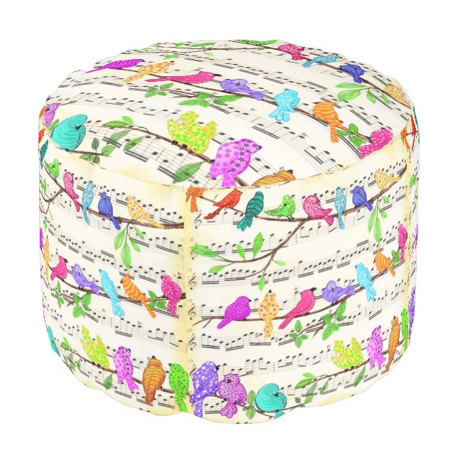 Colorful Musical Birds Pouf (Angled Front)
