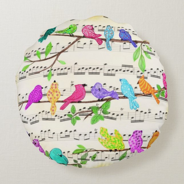Colorful Musical Birds Round Pillow Spring (Back)