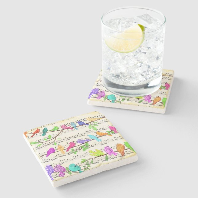 Colorful Musical Birds Stone Coaster (Side)