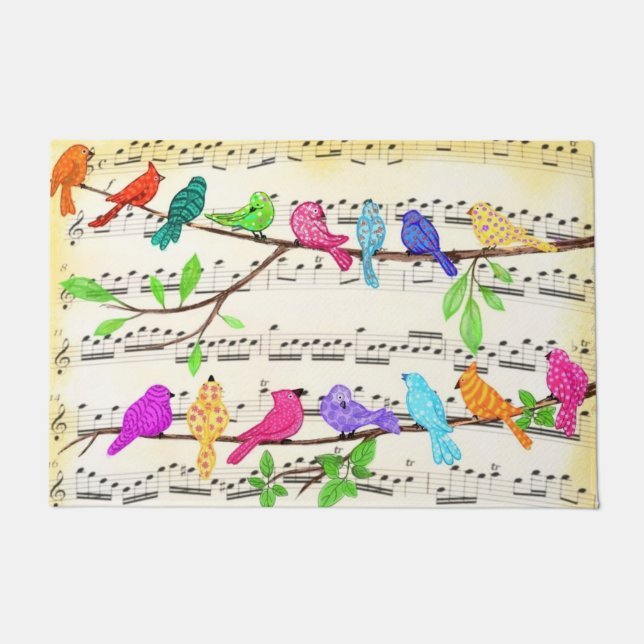 Colorful Musical Birds Symphony Doormat Spring (Front)