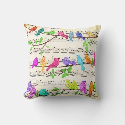 Colorful Musical Birds Throw Pillow Spring Joy