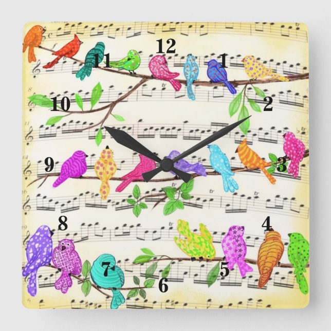 Colorful Musical Birds Wall Clock (Front)