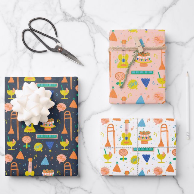 Colorful musical birthday party wrapping paper sheets (Front)