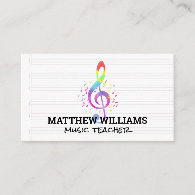 Colorful Musical Note and Music Sheets Business Card (Front)