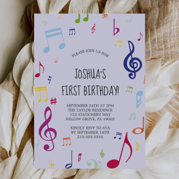 Colorful Musical Note First Birthday Party Invitation by SweetLittlePaperCo at Zazzle