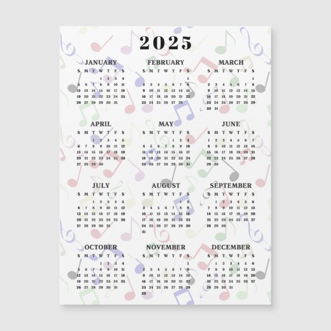 Colorful Musical Notes 2025 Calendar Magnetic Card