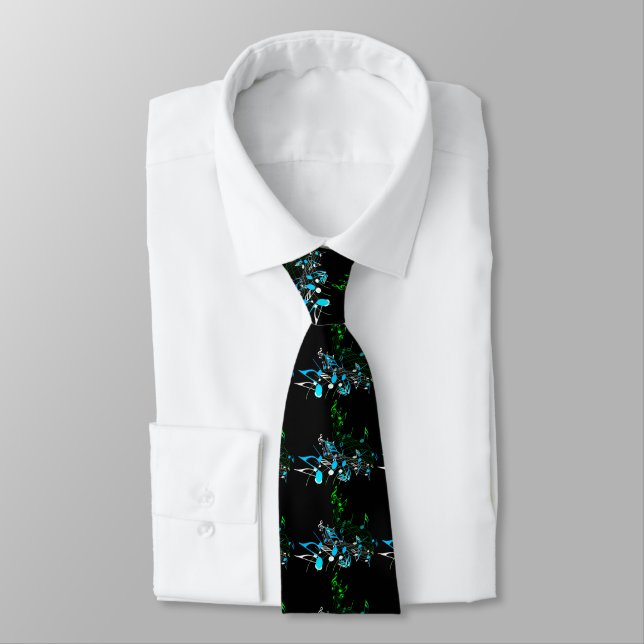 Colorful Musical Notes on Black Neck Tie (Tied)