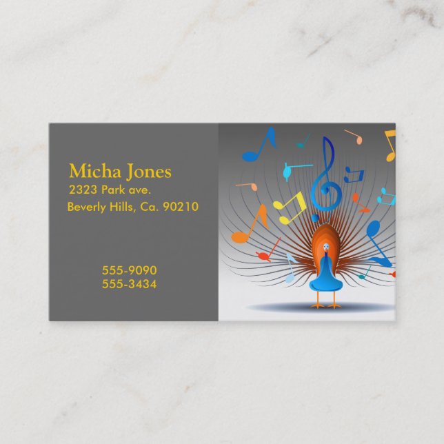 Colorful Musical Notes Peacock Business Card (Front)