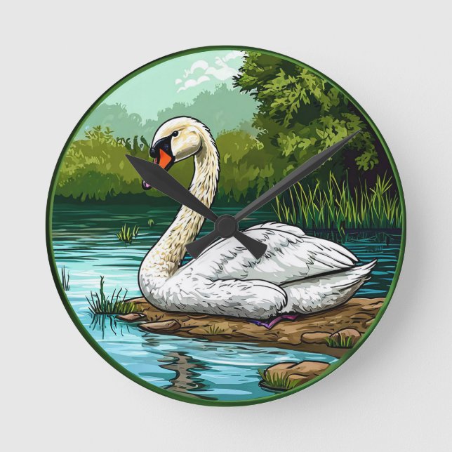 Colorful Mute swan Bird Round Clock (Front)