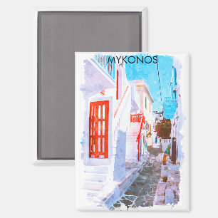 Colorful Mykonos Greece Retro Travel Watercolor Magnet