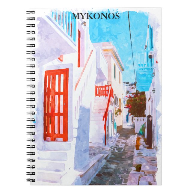 Colorful Mykonos Greece Retro Travel Watercolor Notebook (Front)