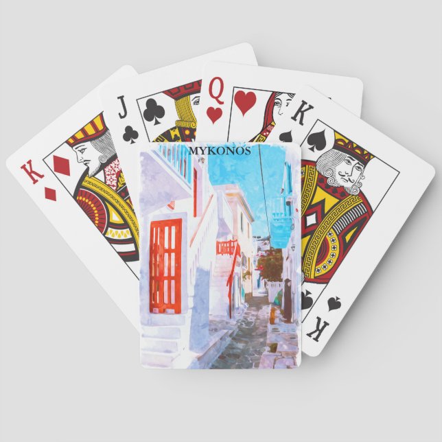Colorful Mykonos Greece Retro Travel Watercolor Poker Cards (Back)