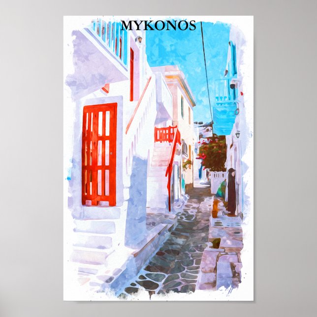 Colorful Mykonos Greece Retro Travel Watercolor Poster (Front)
