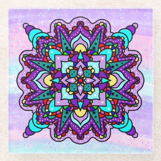Colorful Mystical Mandala in Purple and Blue Glass Coaster (Front)