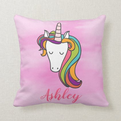 Colorful Mythical Unicorn Horn Pink Watercolor Throw Pillow