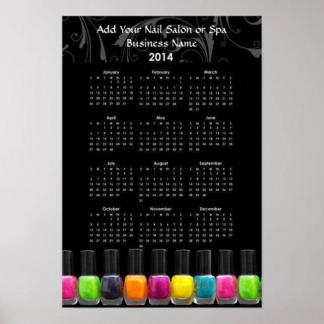 Colorful Nail Polish Bottles 2014 Calendar Poster (Front)