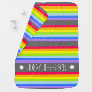 Colorful name rainbow stripes grey baby blanket