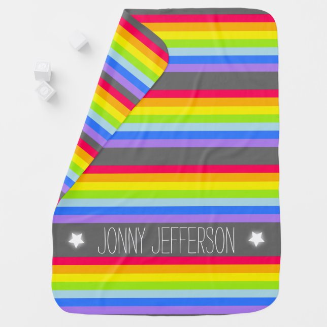 Colorful name rainbow stripes grey baby blanket (In Situ)